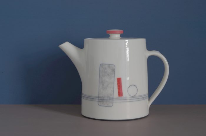 thrown porcelain teapot with red rectangle by James and Tilla Waters