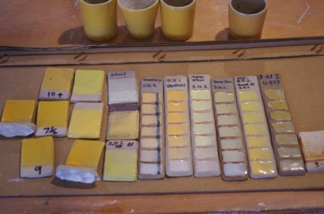 yellow test tiles, line blends and test beakers