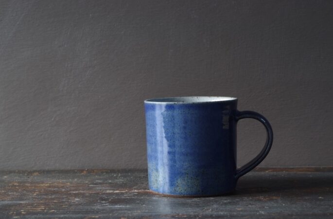 Wheel thrown stoneware "square" (8cm x 8cm) mug with cobalt blue glaze by award winning potters James and Tilla Waters in Carmarthenshire, Wales, UK