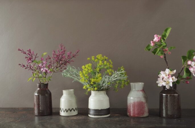 Group of stoneware thrown vases by award winning studio potters James and Tilla Waters in Carmarthenshire, Wales, UK