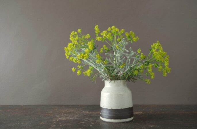 Reduction fired raw glazed stoneware vase with black band by award winning studio potters James and Tilla Waters in Carmarthenshire, Wales, UK