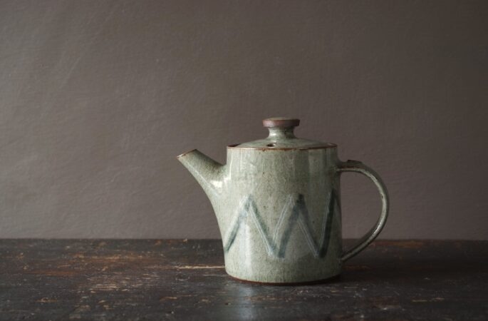 wheel thrown, reduction fired stoneware teapot with pulled handle and inlaid zigzag decoration by award winning potters James and Tilla Waters in Carmarthenshire, Wales, UK