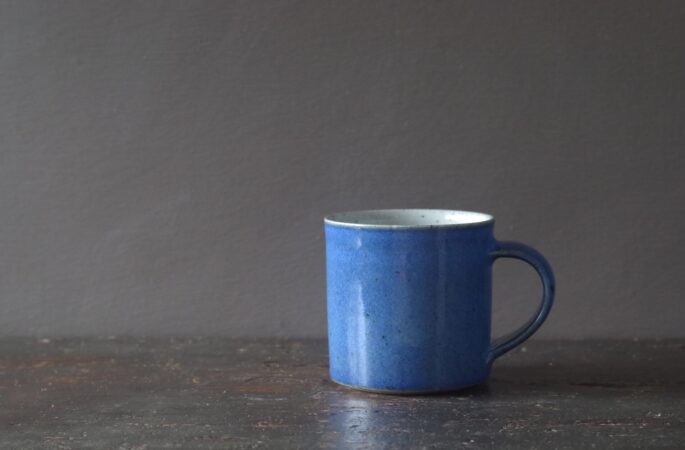 Reduction fired, wheel thrown stoneware "square" (8cm x 8cm) mug with cobalt blue glaze by award winning potters James and Tilla Waters in Carmarthenshire, Wales, UK