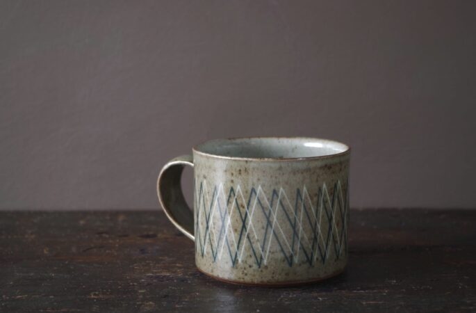 wheel thrown, reduction fired stoneware breakfast with inlaid geometric decoration and pulled handle by award winning potters James and Tilla Waters in Carmartheshire, Wales, UK