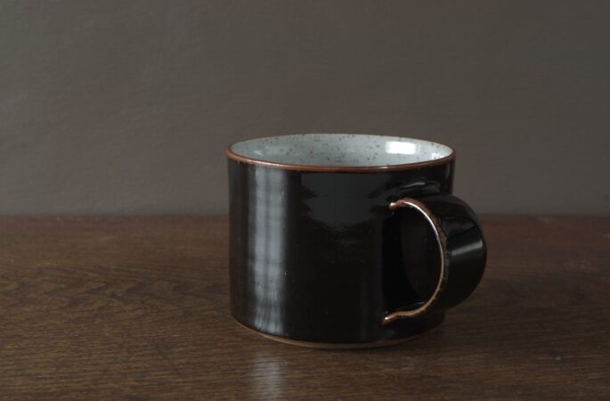 reduction fired stoneware large breakfast mug with tenmoku glaze by award winning potters James and Tilla Waters in Carmarthenshire, Wales, UK