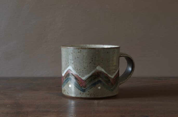 Reduction fired, wheel thrown, stoneware large breakfast mug with pulled handle and hand decorated by award winning studio potters James and Tilla Waters in Carmarthenshire, Wales, UK