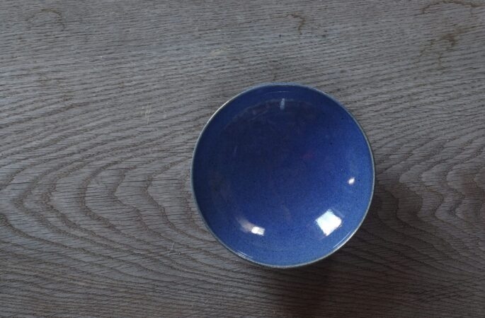 reduction fired, thrown stoneware open bowl with blue chun glaze by award winning potters James and Tilla Waters in Carmarthenshire, Wales, UK