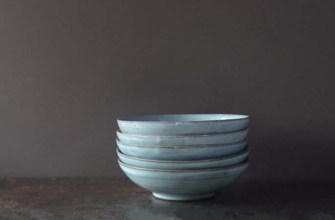 reduction fired, thrown stoneware ramen bowl with pale blue chun glaze by award winning potters James and Tilla Waters in Carmarthenshire, Wales, UK