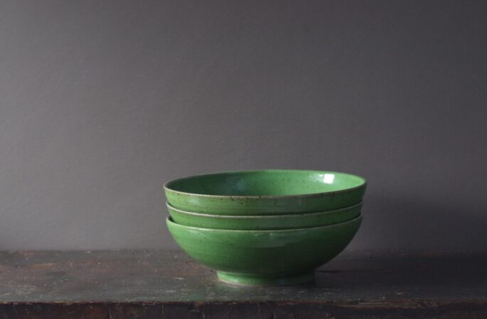 thrown stoneware ramen bowl with green glaze by award winning potters James and Tilla Waters in Carmarthenshire, Wales, UK